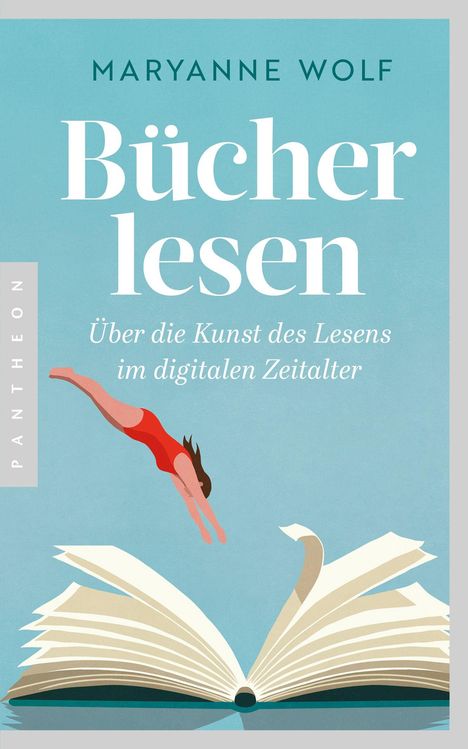 "Bücher lesen: Über die Kunst des Lesens im digitalen Zeitalter." Eine Person taucht in ein aufgeschlagenes Buch.