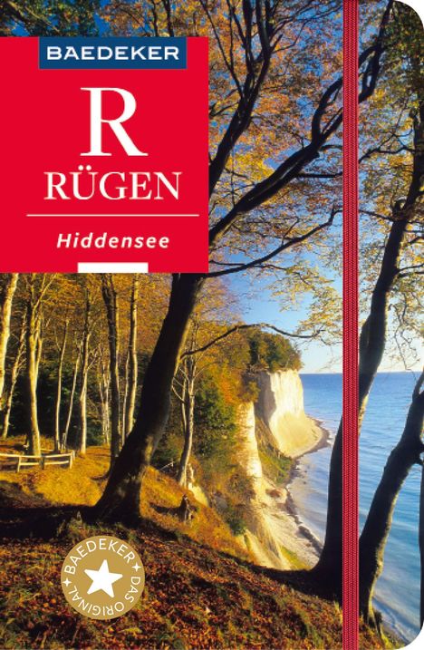 "BAEDEKER, RÜGEN, Hiddensee" auf rotem Hintergrund, herbstlicher Küstenwald mit weißer Steilküste und blauem Meer.