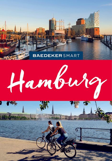 Im oberen Bereich steht "BAEDEKER SMART", darunter groß "Hamburg" auf rotem Hintergrund. Oben Hafenansicht, unten Radfahrer.