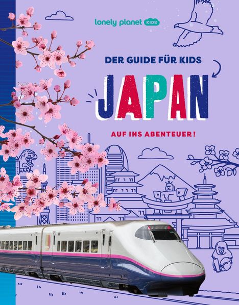 "Der Guide für Kids: JAPAN. Auf ins Abenteuer!" Illustration mit Blüten, einem Zug und stilisierten japanischen Wahrzeichen.
