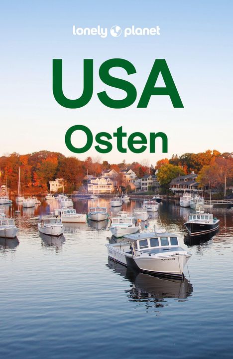 „USA Osten“, oberhalb ein Logo. Viele Boote im Hafen vor bunter Herbstlandschaft.