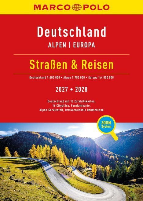 „Deutschland Alpen Europa, Straßen & Reisen 2027-2028.“ Landschaft mit Straße und Bäumen im Hintergrund.