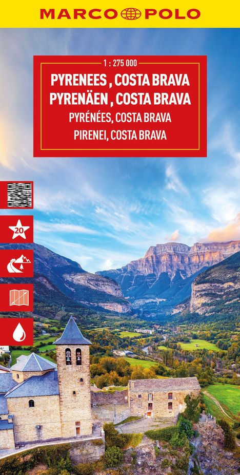 Pyrenäen, Costa Brava 1:275 000. Oben: „Marco Polo“-Logo, unten: Landschaft mit Bergen, Tal, altem Turm. Symbole links.