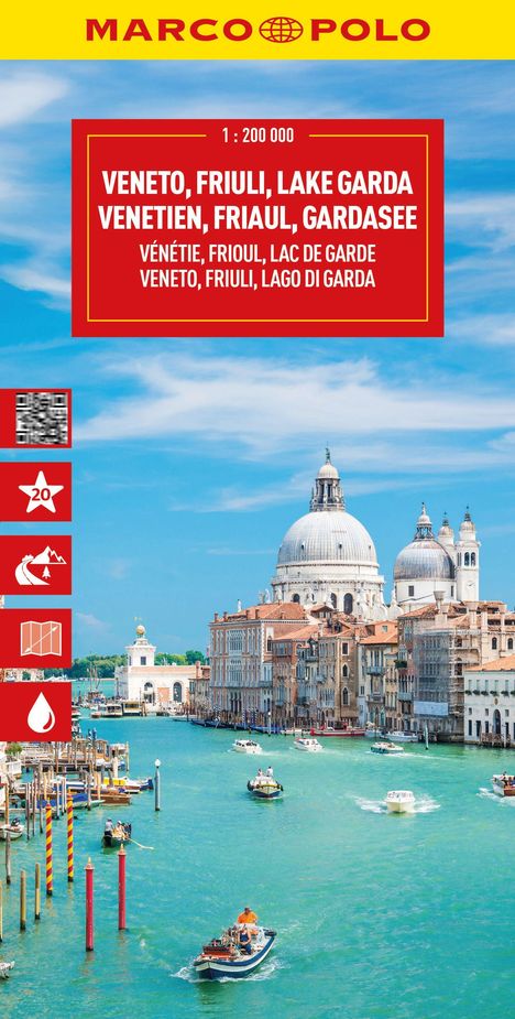 Reiseführercover: "Marco Polo", "Veneto, Friaul, Lake Garda" mit Stadtkanal und Boote vor beeindruckender Architektur.