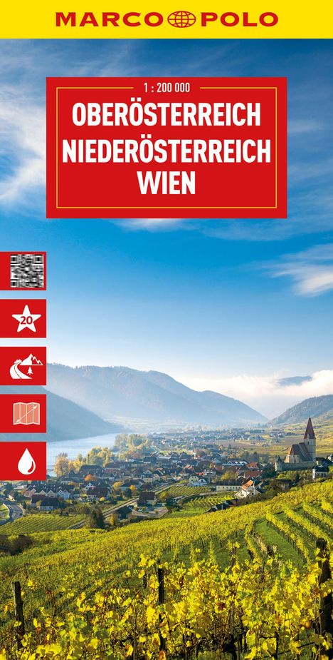 "Oberösterreich Niederösterreich Wien" steht groß auf rotem Hintergrund. Darunter weite Landschaft mit Weinbergen.