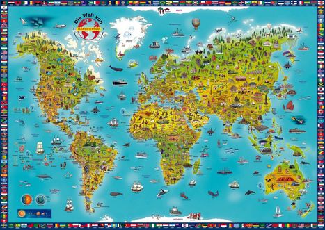 "Die Welt von Marco Polo" in einer kunterbunten, detailreichen Weltkarte mit Tieren, Monumenten und Flaggenrahmen.
