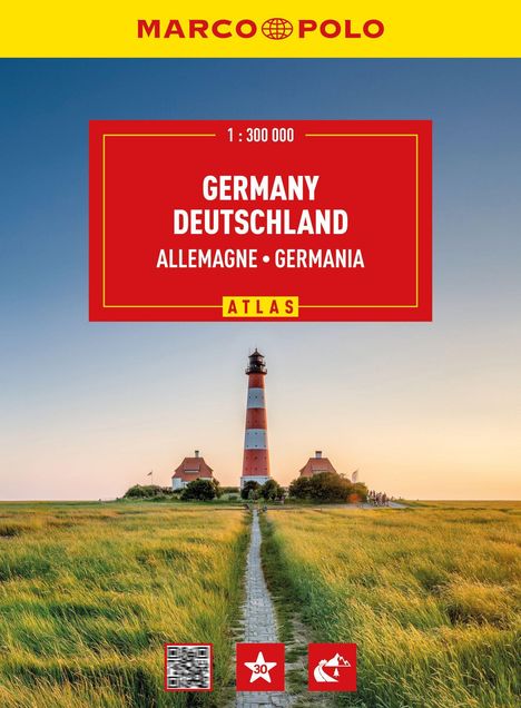 Text: "Germany Deutschland Allemagne Germania, 1:300 000, Atlas". Unter einem Leuchtturm in einer Wiesenlandschaft.