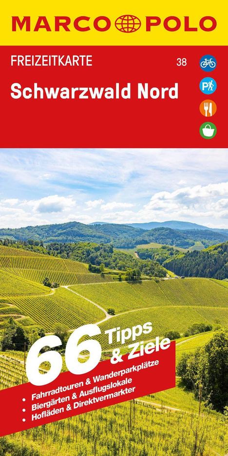 "Schwarzwald Nord. 66 Tipps & Ziele: Fahrradtouren, Biergärten, Hofläden. Hügelige Landschaft mit Weinbergen."