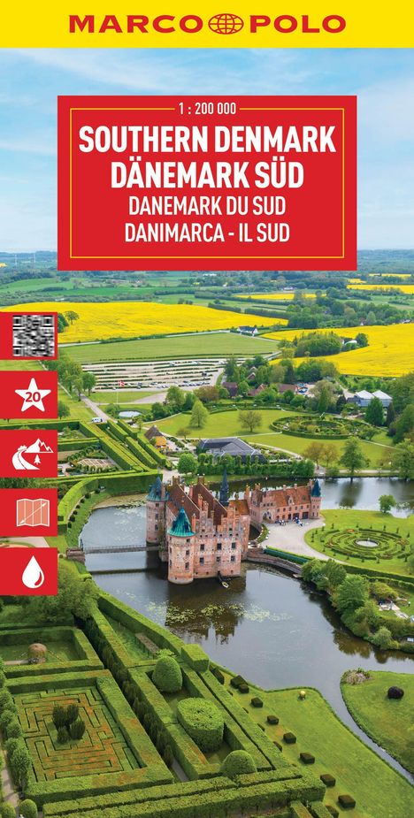 Text: "SOUTHERN DENMARK DÄNEMARK SÜD, DANEMARK DU SUD, DANIMARCA - IL SUD". Zeigt Schloss umgeben von Gärten und Wasser.