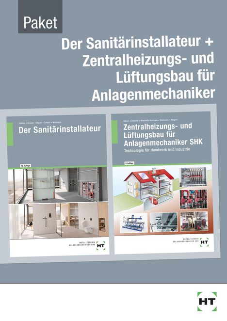 "Paket: Der Sanitärinstallateur + Zentralheizungs- und Lüftungsbau für Anlagenmechaniker." Zwei Buchcover mit Illustrationen.