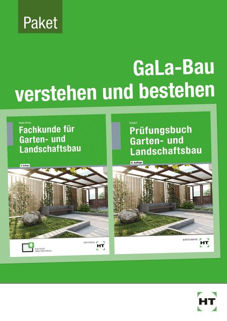 Paket: GaLa-Bau verstehen und bestehen. Zwei Buchcover zu Garten- und Landschaftsbau mit modernen Gartenbildern.