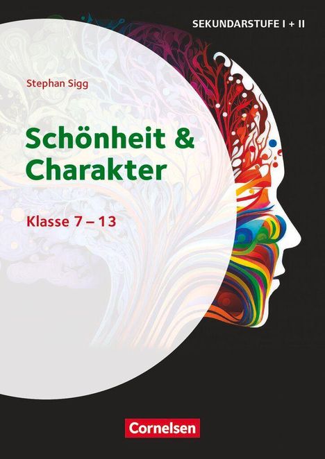 „Schönheit & Charakter“ steht groß in der Mitte. Eine bunte, stilisierte Kopfsilhouette auf schwarzem Hintergrund.