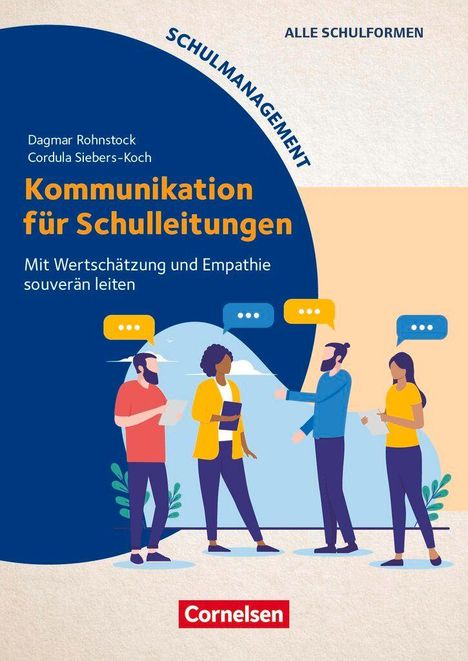 "Kommunikation für Schulleitungen" steht zentral, umgeben von Illustrationen von vier diskutierenden Personen.