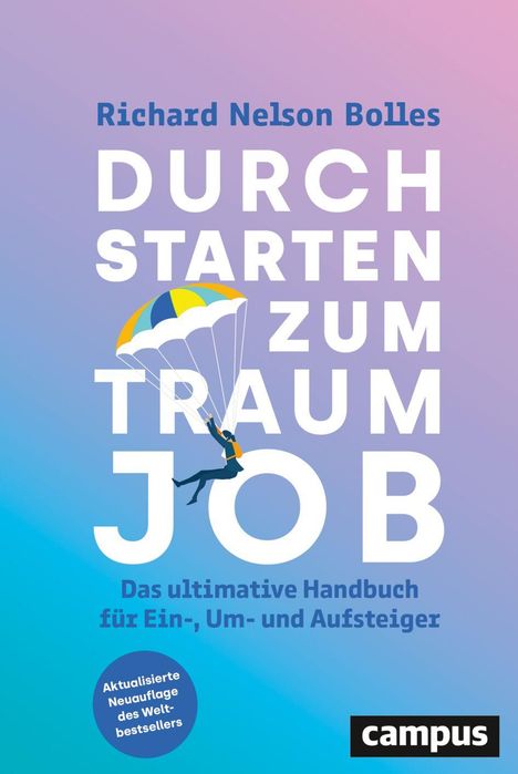 „Richard Nelson Bolles: Durchstarten zum Traumjob“. Person mit Fallschirm vor farbigem Hintergrund.