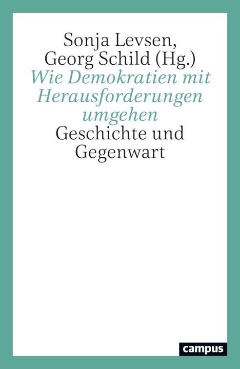 Text auf weißem Hintergrund: Titel über Demokratien, Autoren; türkisfarbener Rand, schwarzes Campus-Logo unten.