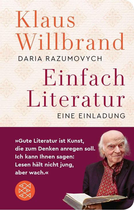 Titel: "Einfach Literatur". Text: "Gute Literatur ist Kunst, die zum Denken anregen soll." Bild eines älteren Mannes mit Buch.