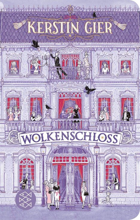 Der Text zeigt "KERSTIN GIER" oben und "WOLKENSCHLOSS" unten. Darstellung eines eleganten Hotels in Lila, mit Menschen und Krähen.