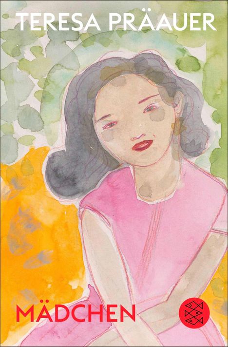 "TERESA PRÄAUER" und "MÄDCHEN". Aquarellartige Illustration eines Mädchens in pink, mit grünen und orangen Hintergründen.