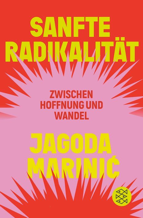SANFTE RADIKALITÄT, ZWISCHEN HOFFNUNG UND WANDEL, JAGODA MARINIĆ. Roter Hintergrund mit pinkem Sternmuster und gelbes Logo.