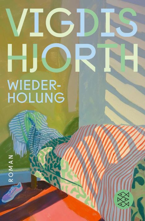 "Vigdis Hjorth, Wiederholung, Roman." Eine bunte Illustration eines Zimmers mit einem Bett und Schuh.