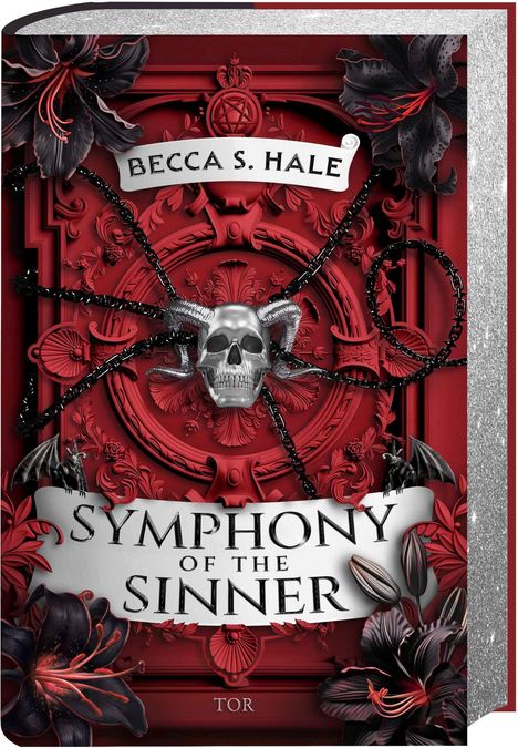 "Becca S. Hale, Symphony of the Sinner, Tor." Rotes, kunstvolles Relief mit Schädel, Ketten, und schwarzen Lilien.