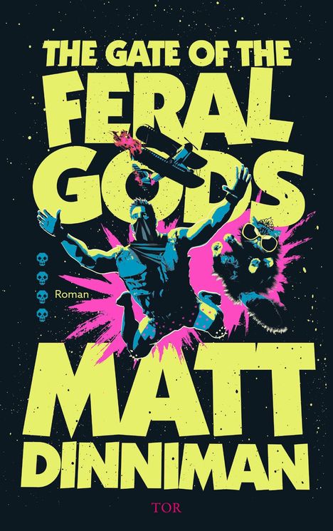 "The Gate of the Feral Gods" und "Matt Dinniman". Mann und Katze in dynamischen Posen mit buntem Hintergrund.