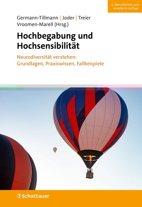 Titel: Hochbegabung und Hochsensibilität. Zwei bunte Heißluftballons am Himmel. Logo: Schattauer.