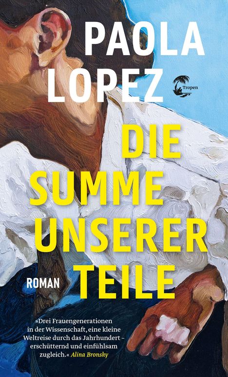 Titel: "Die Summe unserer Teile" von Paola Lopez. Roman. Zitat: »Drei Frauengenerationen...«. Illustration zeigt Ohr und Hand.