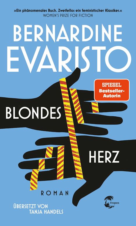 "BERNARDINE EVARISTO, BLONDES HERZ. Ein Buchcover mit schwarzen Händen und gelb-roten Streifen."