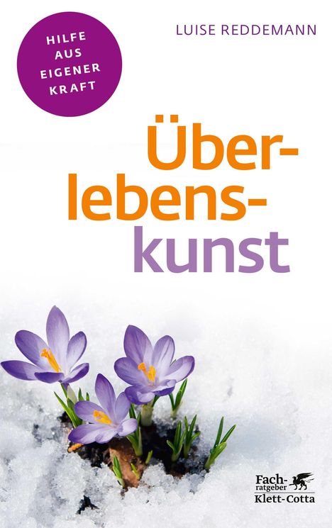 Text: "Hilfe aus eigener Kraft", "LUlise Reddemann", "Überlebenskunst". Lila Krokusse wachsen aus Schnee. Logo unten rechts.