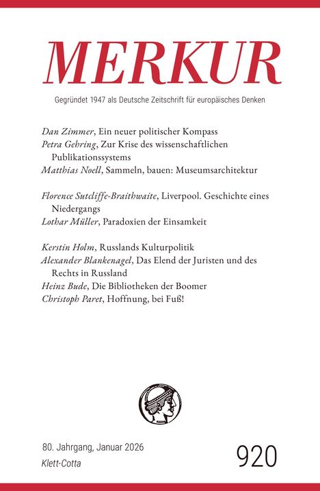 MERKUR, Beiträge: Dan Zimmer, Petra Gehring, Matthias Noell. Logo unten mit stilisiertem Kopf. Ausgabe 920, Januar 2026.