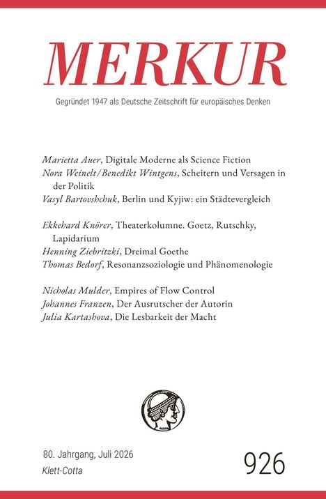 "MERKUR: Gegründet 1947 als Deutsche Zeitschrift. Titel und Autoren von Essays. Logo einer Frau im Profil."