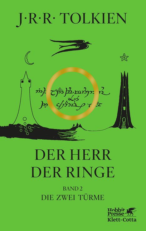 "J.R.R. Tolkien, Der Herr der Ringe, Band 2, Die zwei Türme." Illustration mit Symbolen: Türme, Ring, Drache, Mond, Stern.