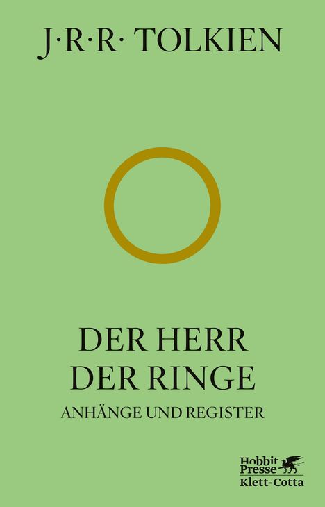 "J.R.R. Tolkien, Der Herr der Ringe, Anhänge und Register" in schwarzem Text auf grünem Hintergrund; Logo unten.