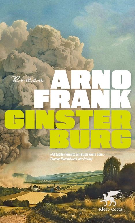 „Roman ARNO FRANK GINSTERBURG.“ Illustration mit großen Wolken und Landschaft im Hintergrund.