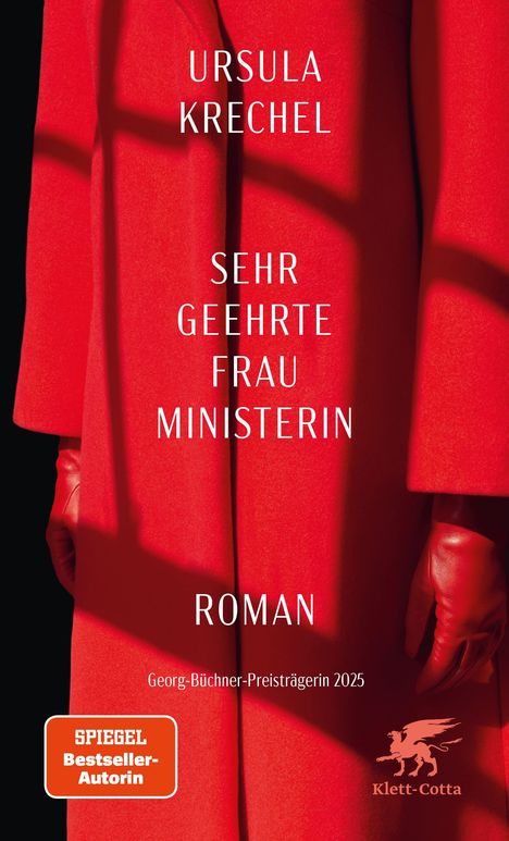 "Ursula Krechel, Sehr geehrte Frau Ministerin, Roman, Georg-Büchner-Preisträgerin 2025" auf rotem Hintergrund, links ein Logo.