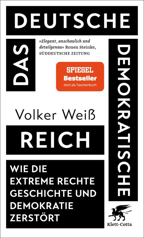"DEUTSCHE DAS REICH DEMOKRATISCHE." Rezension von Ronen Steinke, "SPIEGEL Bestseller." Schwarze und weiße Schrift.