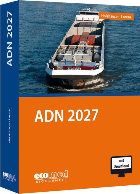 ADN 2027, Holzhäuser - Lorenz, ecomed Sicherheit. Ein Frachtschiff auf dem Wasser. Orangene und blaue Gestaltung.