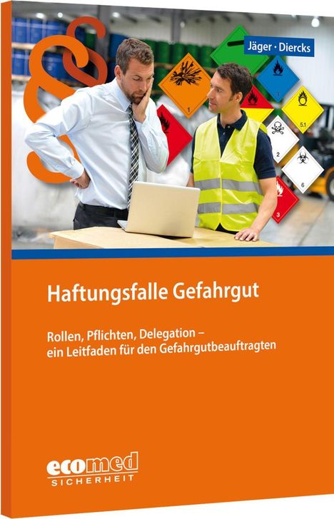 "Haftungsfalle Gefahrgut" oben, darunter "Rollen, Pflichten, Delegation – ein Leitfaden für den Gefahrgutbeauftragten". Zwei Männer diskutieren.