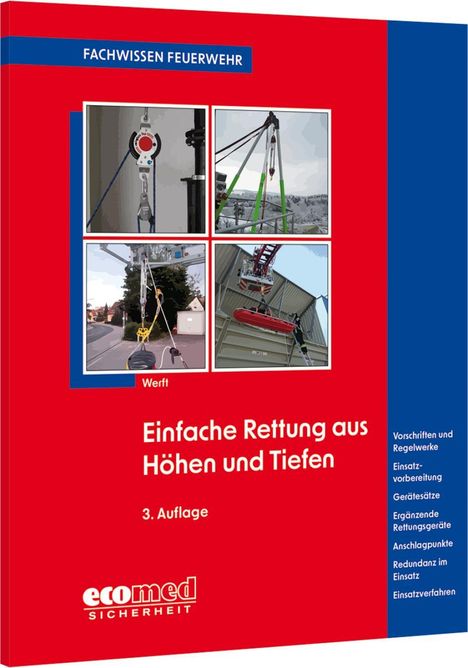 Text: "Einfache Rettung aus Höhen und Tiefen, 3. Auflage, ecomed SICHERHEIT." Roter Hintergrund mit Rettungsgeräten.