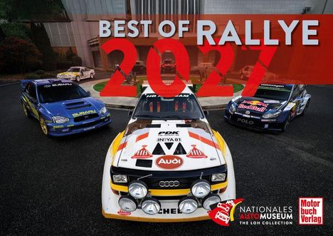 "Best of Rallye 2027" als großer Schriftzug, mit drei Rallye-Autos im Hintergrund. Logos: Audi, Subaru, Volkswagen.