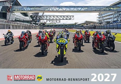 MOTORRAD, Europas größte Motorradzeitschrift. MOTORENN-RENNSPORT 2027. Gruppe von Motorrädern auf einer Rennstrecke.