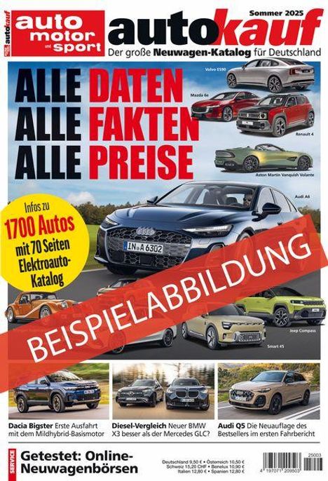 "Alle Daten, Alle Fakten, Alle Preise" steht groß oben. Über ein Auto-Magazin; Autos abgebildet mit "BEISPIELABBILDUNG" darauf.