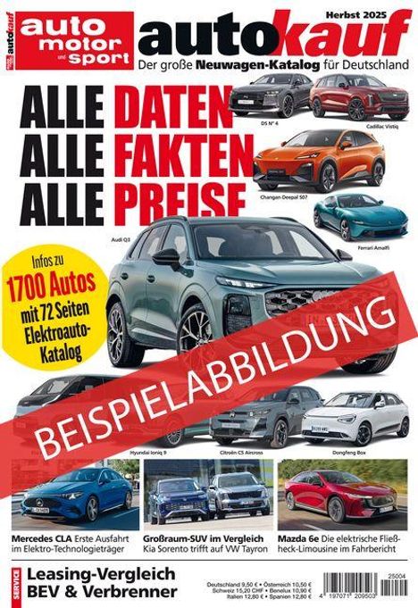 "Alle Daten, Alle Fakten, Alle Preise" in großer Schrift; rote Banderole "Beispielabbildung"; Autos verschiedener Marken.