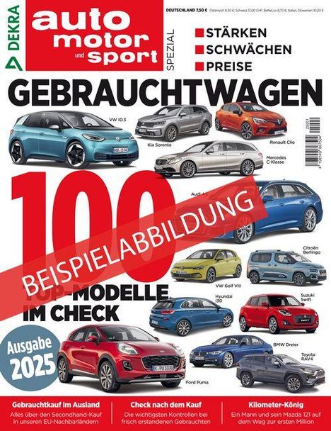 „auto motor und sport SPEZIAL: GEBRAUCHTWAGEN" und „100 MODELLE IM CHECK“. Verschiedene Autos, Ausgabe 2025.