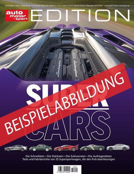 BEISPIELABBILDUNG, SUPERCARS, fünf Sportwagen unten. Darunter: Schnelligkeit, Stärken, Exklusivität der Supersportwagen.