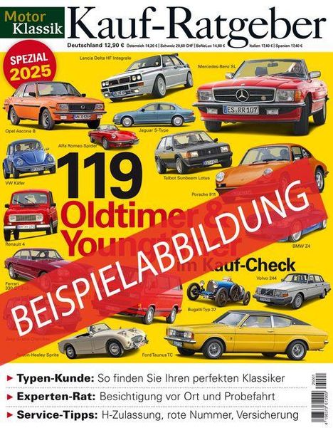 "Beispielabbildung" steht diagonal über Fotos von Oldtimern. Im Hintergrund sind verschiedene Autos abgebildet.