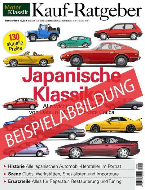 "Beispielabbildung" über rote Autos. Titel: "Kauf-Ratgeber". Text: "Japanische Klassiker". Verschiedene bunte Autos.