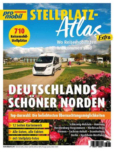 Text: "Stellplatz-Atlas Extra", "710 Reisemobil-Stellplätze", "Deutschlands schöner Norden". Wohnmobil vor Blumen.