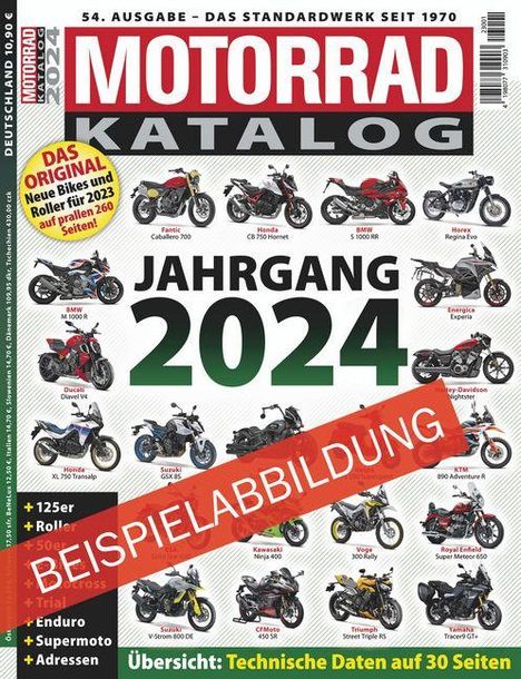 BEISPIELABBILDUNG. Jahrgang 2024. Verschiedene Motorräder abgebildet. Hinweis auf 260 Seiten zu neuen Bikes und Rollern.